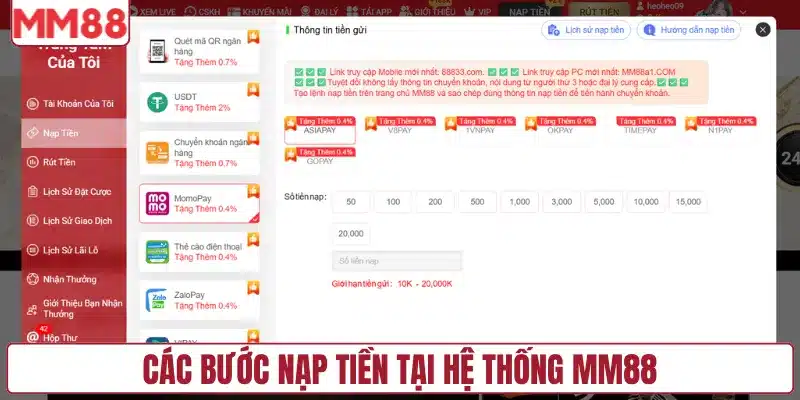 Các bước nạp tiền tại hệ thống MM88